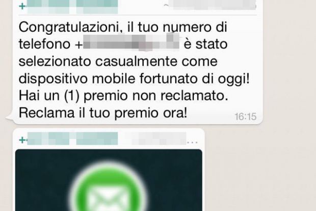 whatsapp truffa premio virus