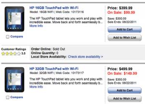 HP TouchPad a 99 dollari